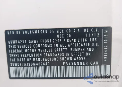 2013 Volkswagen Jetta 2.5L Se из США, поврежденный, VIN 3VWDP7AJ2DM407640